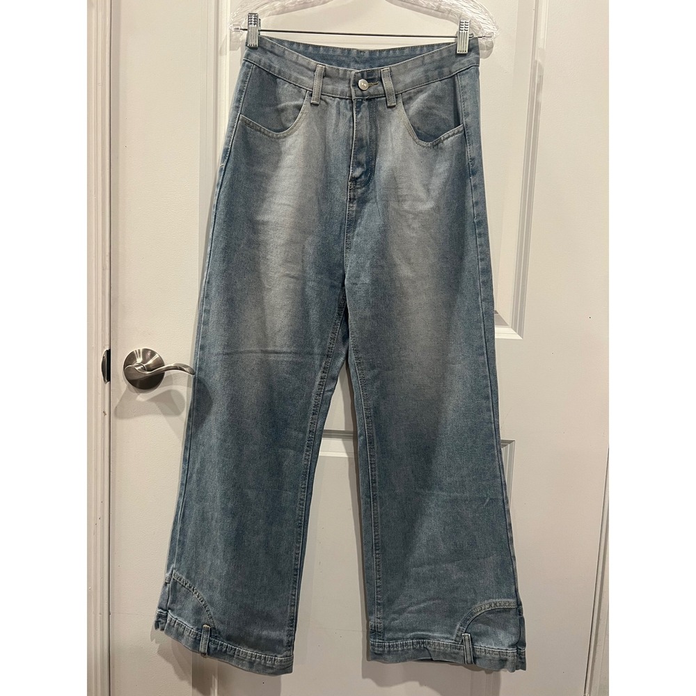 Fly Off Women Wide Leg Jeans Cutout Hem Light Wash Blue Size M